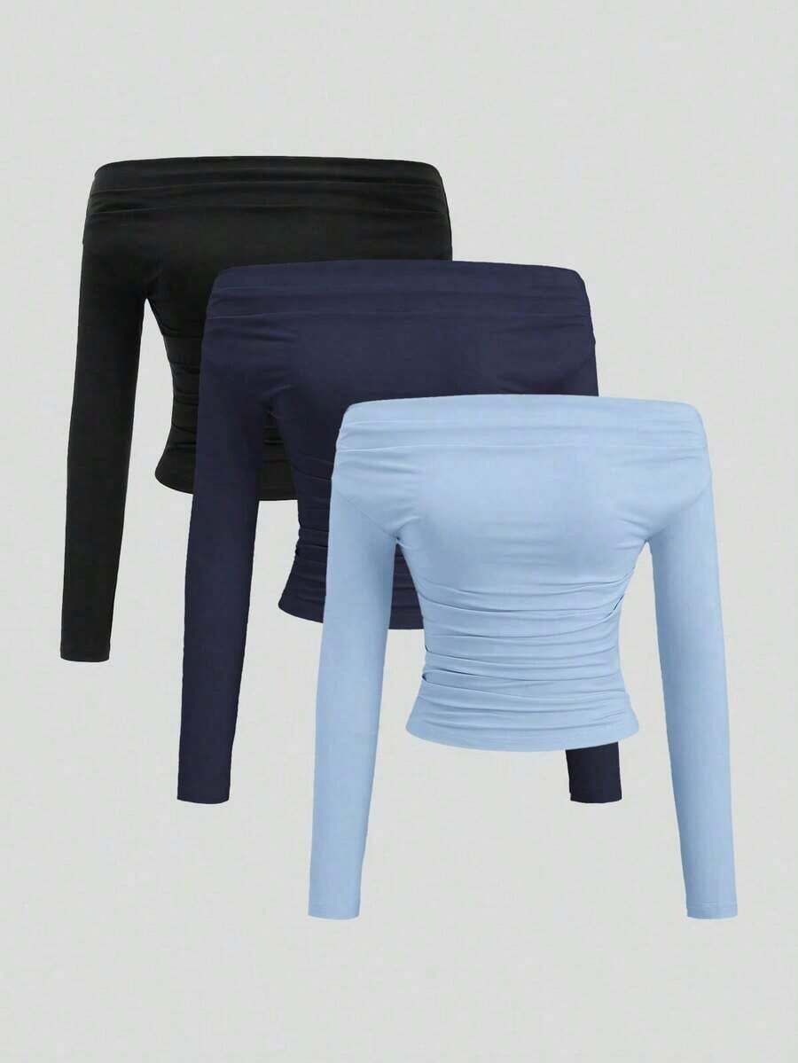 Conjunto de 3 piezas para mujer: Blusa de manga larga hombros descubiertos, blusas cortas entalladas, cómodas y amigables con la piel, versátil y estilizador - Multicolor 18 - Ver 1