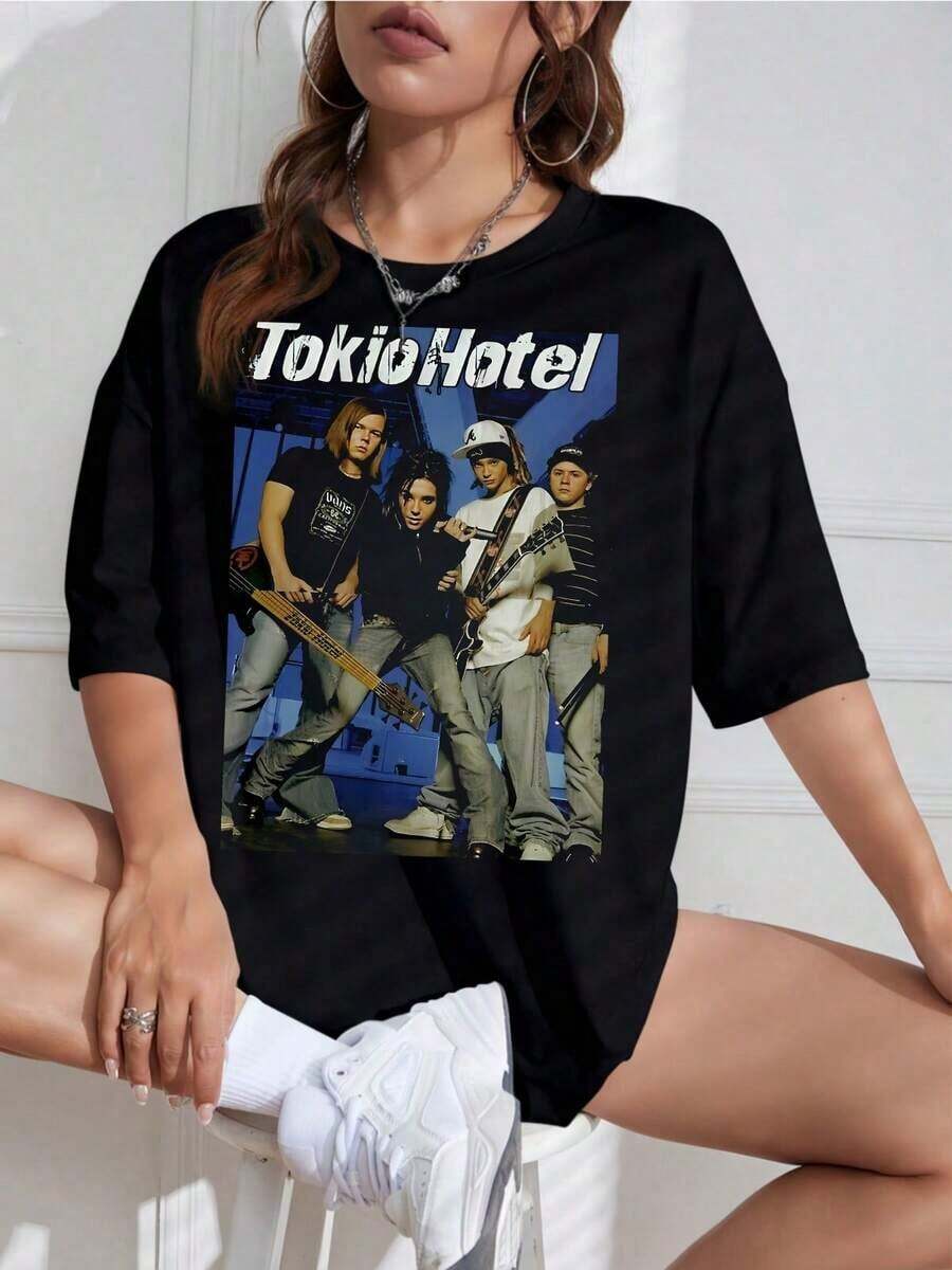 Camiseta Unisex con Estampado de Banda Retro, Cuello Redondo, Manga Corta, Diseño Vintage, Ideal para Fans - Blanco - Ver 1