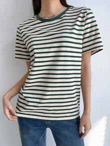 Camiseta de manga corta a rayas contrastantes, verano - Verde - Ver 7