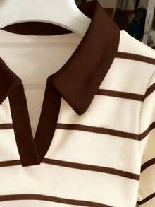 Blusa casual de manga corta con estampado de rayas y bordado de letras para mujer - Multicolor 2 - Ver 3