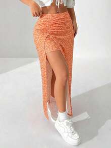 Falda larga con diseño floral pequeño y abertura en el dobladillo - Naranja - Ver 6