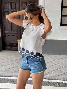 Blusa de verano casual de vacaciones con bordado floral y volantes en las mangas - Multicolor - Ver 1