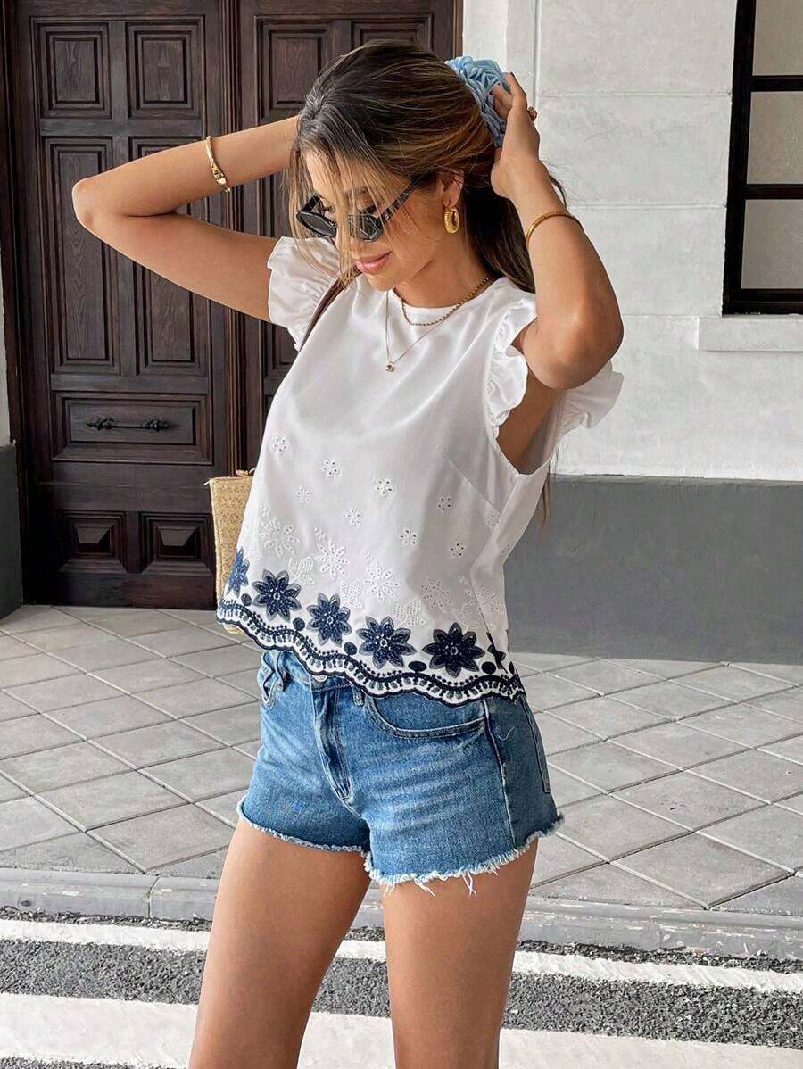Blusa de verano casual de vacaciones con bordado floral y volantes en las mangas - Multicolor - Ver 1
