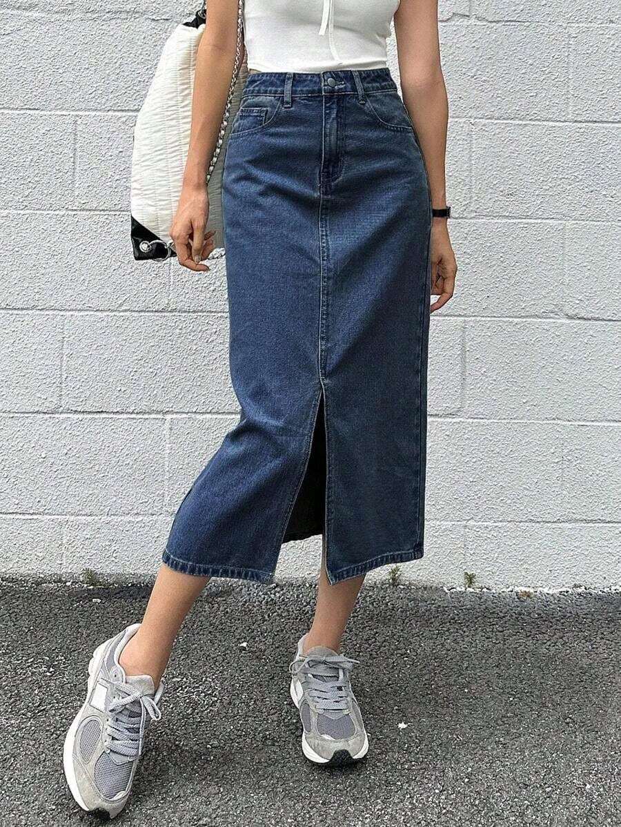 Falda vaquera con bajo dividido - Azul lavado oscuro - Ver 1