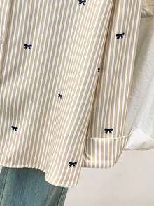 Camisa de manga larga con estampado a rayas y lazo, con botones delanteros, cuello de camisa, top casual, adecuado para primavera, otoño e invierno en color rosa - Albaricoque - Ver 7
