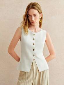 Blusa de punto sin mangas con botones delanteros de unicolor para uso casual y de oficina para mujeres - Blanco - Ver 5
