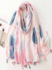 Floral Print Tassel Decorated Scarf - Pink - View 12