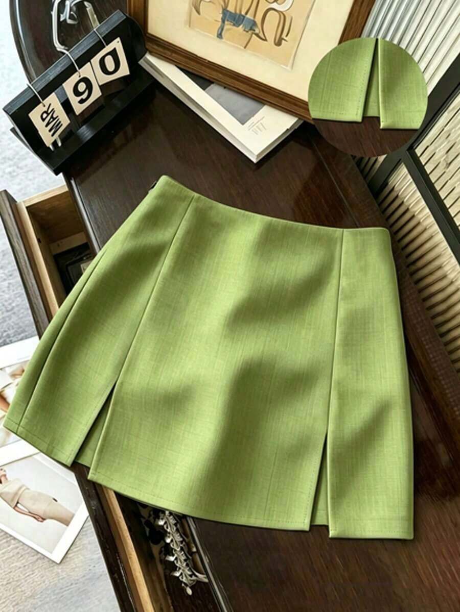 Falda casual versátil de cintura baja con abertura, falda gris, falda A-line de doble capa con bajo con abertura, falda casual de mujer, mini falda, falda corta ajustada de cintura alta con abertura, falda casual versátil para uso diario, r - Verde - Ver 1