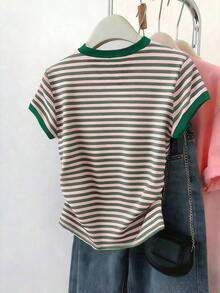 Camiseta gráfica de verano para mujer, estampado de rayas multicolor, verde, rosa, cintura ajustada, adecuada para citas, vuelta al colegio, Día del Maestro - Gris - Ver 2
