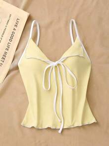 Top de tirantes con lazo y ribete de lechuga en contraste, elegante y ajustado, top para salir para mujeres, apto para el estilo del milenio - Amarillo - Ver 7
