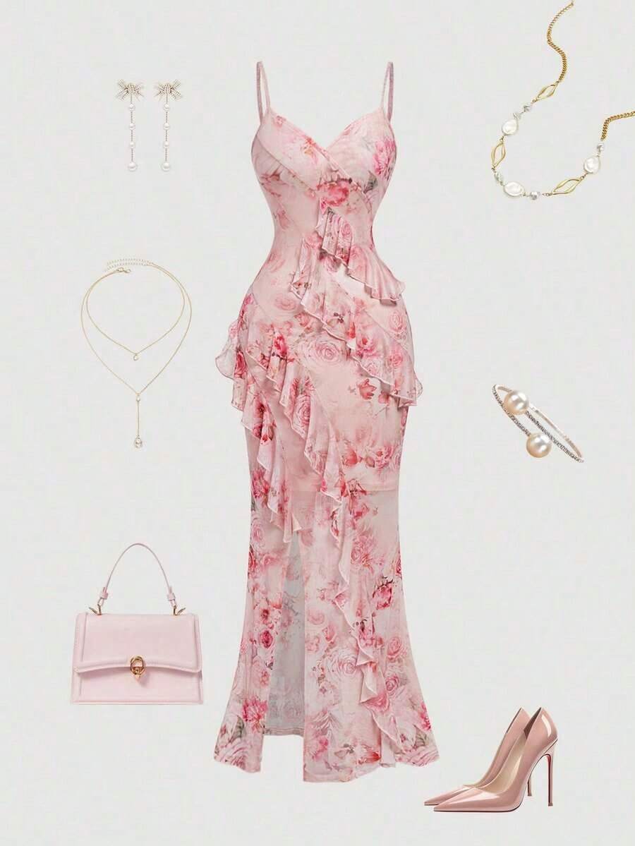 Vestido largo con abertura alta, cuello en V y volantes, con estampado de teñido anudado, vestidos de verano para mujer, vestidos en tonos pastel, vestido de fiesta, atuendo de fiesta, vestido de playa, atuendos de playa para mujer, vestidos ele - Multicolor 4 - Ver 1