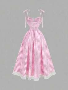 Vestido midi de estilo romántico y campestre con estampado de cuadros rojos y blancos - Rosa Pálido - Ver 3