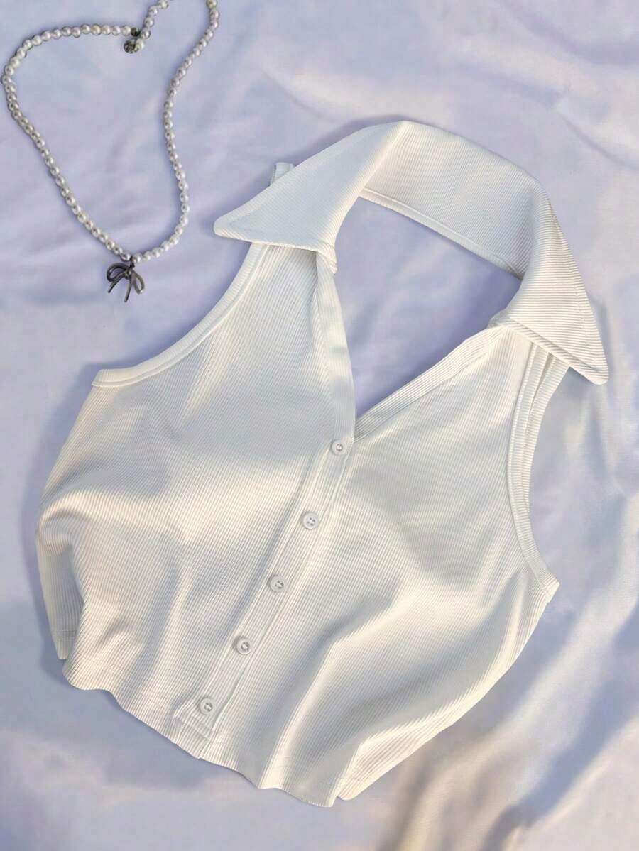 Blusa sin mangas con cuello polo y escote en V para mujer, de estilo casual y chic para la calle, en color marrón - Blanco - Ver 1