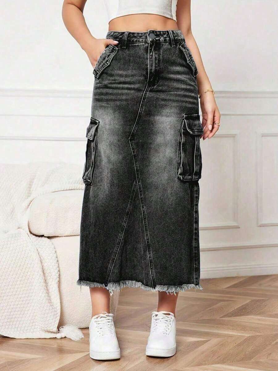 Minifalda de mezcla de algodón para mujer, de unicolor, con bolsillos, adecuada para todo el año, casual, negra, primavera - Negro - Ver 1