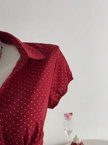 Camisa de mujer con cuello en V, cintura fruncida y manga corta, color blanco, para primavera/verano - Rojo 2 - Ver 5