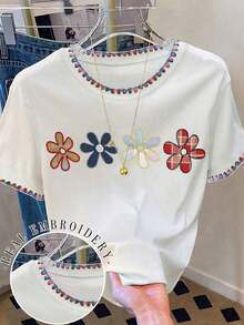 Camiseta casual de mujer con cuello redondo y hombros caídos, con bordado floral, 4 estampados florales diferentes, cómoda y casual para uso al aire libre, adecuada para todas las estaciones - Blanco - Ver 7