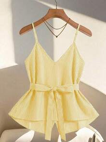 Camiseta sin tirantes casual de mujer con decoración de botones a rayas - Amarillo - Ver 2