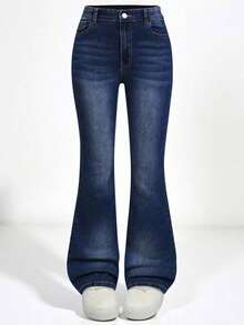 Explorewe Jeans de mezclilla estilo Y2K versátiles lavados y desgastados con pierna acampanada y elásticos para niñas adolescentes - Azul lavado oscuro - Ver 7