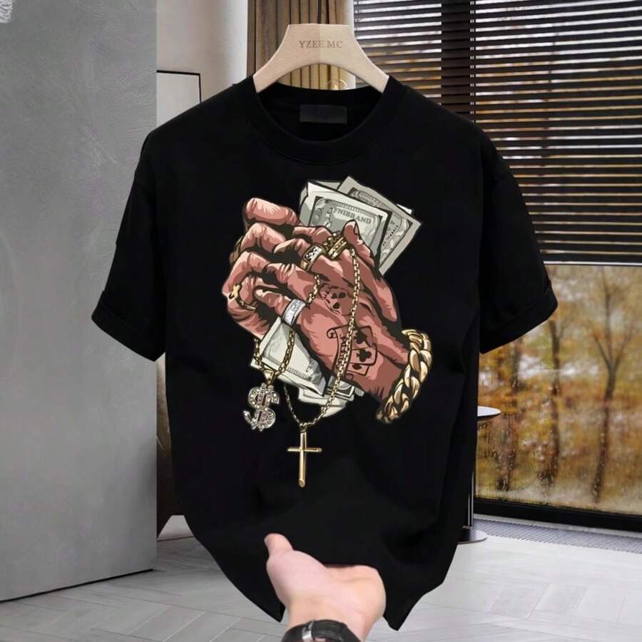 [Ropa Masculina de Calidad]Camiseta Versátil de Algodón Puro de Alta Calidad, Marca de Moda para Jóvenes, con Estampado, Cuello Redondo, Manga Corta, Corte Holgado y Tallas Grandes DMQ8 - 250 g de algodón puro - negro - Ver 1