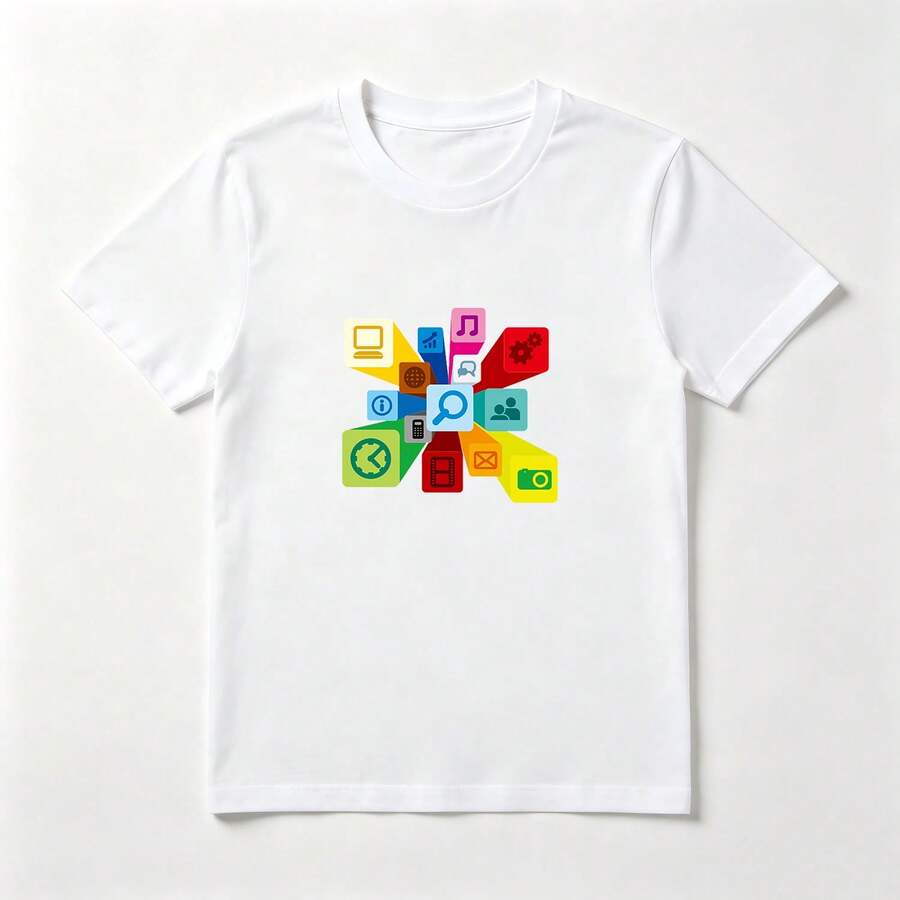 Top Mujer Algodón Estampado Iconos Multicolor - Camiseta Casual Moderna - Blanco - Ver 1