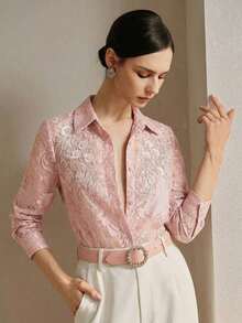 Blusa de manga larga para mujer con bordado floral delicado y decoración con cuentas, aplicación simétrica, nueva para primavera/verano - Rosa - Ver 6
