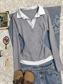 Blusa casual de manga larga con cuello de contraste y diseño 2 en 1 para mujer - Gris - Ver 4