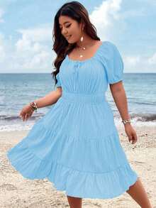 Clasi Vestido corto de manga corta en color burdeos de uso diario, sencillo y liso para mujeres de talla grande - Celeste - Ver 6