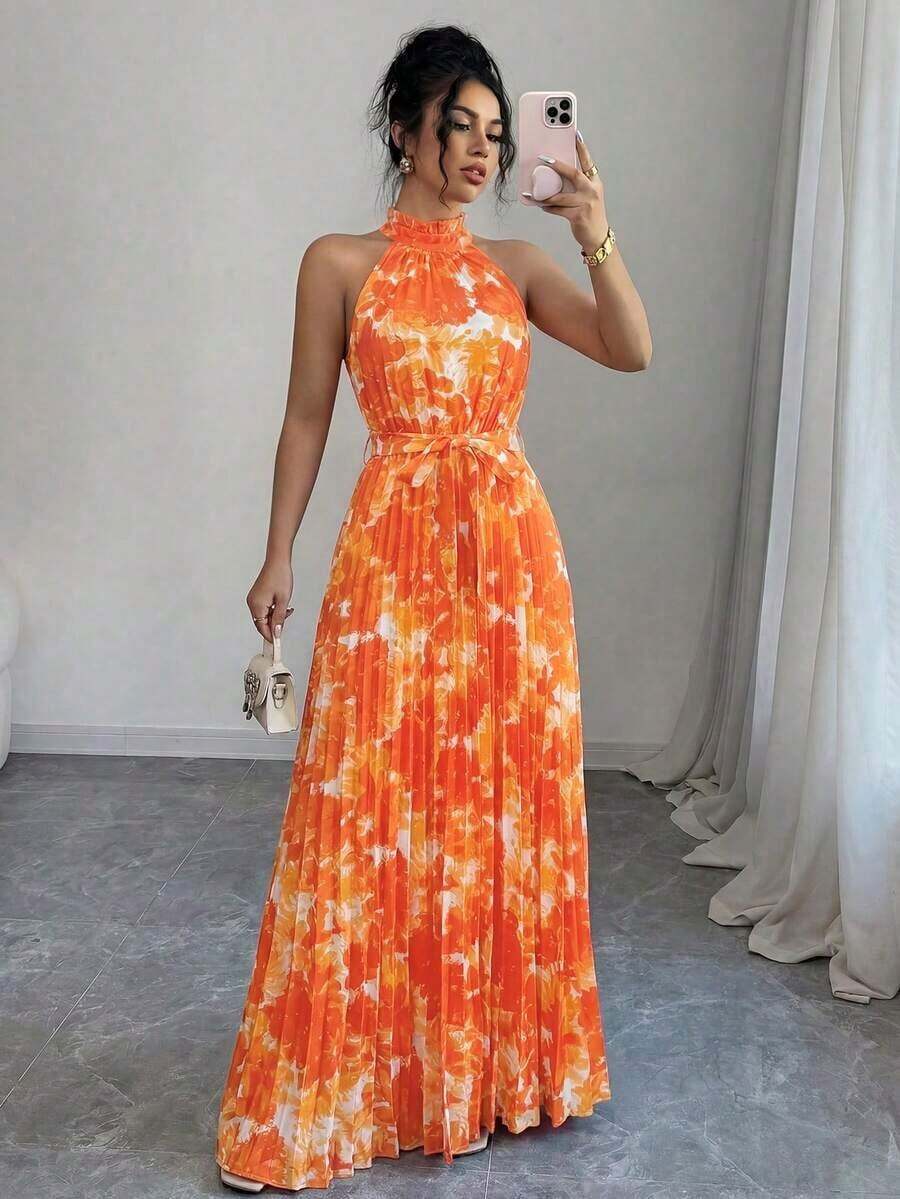 Vestido elegante y romántico con estampado floral, cuello con volantes y cintura plisada en línea A, adecuado para citas, primavera/verano - Multicolor 6 - Ver 1