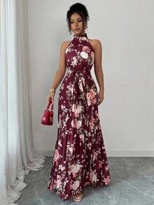 Elegante y romántico vestido floral para mujer, con cuello con volantes, falda en línea A que realza la cintura, ideal para citas en primavera y verano. - Multicolor 8 - Ver 4