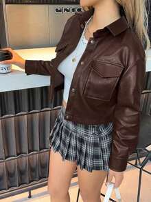 Chaqueta de PU con botones, bolsillo con solapa y hombros caídos para otoño/invierno - Café integral - Ver 5