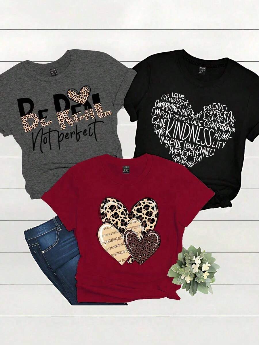 Set de 3 camisetas de mujer de manga corta y cuello redondo con estampado de leopardo/corazón, camisetas gráficas de verano "Be Real Not Perfect" para mujeres - Multicolor 11 - Ver 1
