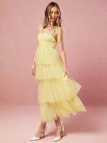 Vestido de mujer elegante de unicolor con tirantes de malla - Amarillo - Ver 5