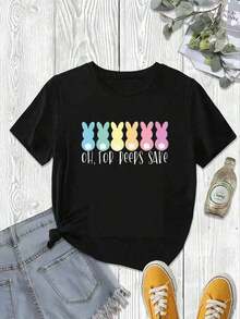 Cute Easter T-Shirt, Easter Family T-Shirt, Soft, Breathable And Comfortable Cotton T-Shirt With Round Neck, Easter Gift, Casual T-Shirt. - 黑色 - 查看 5