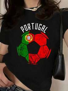 Camiseta de cuello redondo con estampado portugués, lavable a máquina, corte regular para todas las estaciones, sencilla y elegante. - Negro - Ver 7