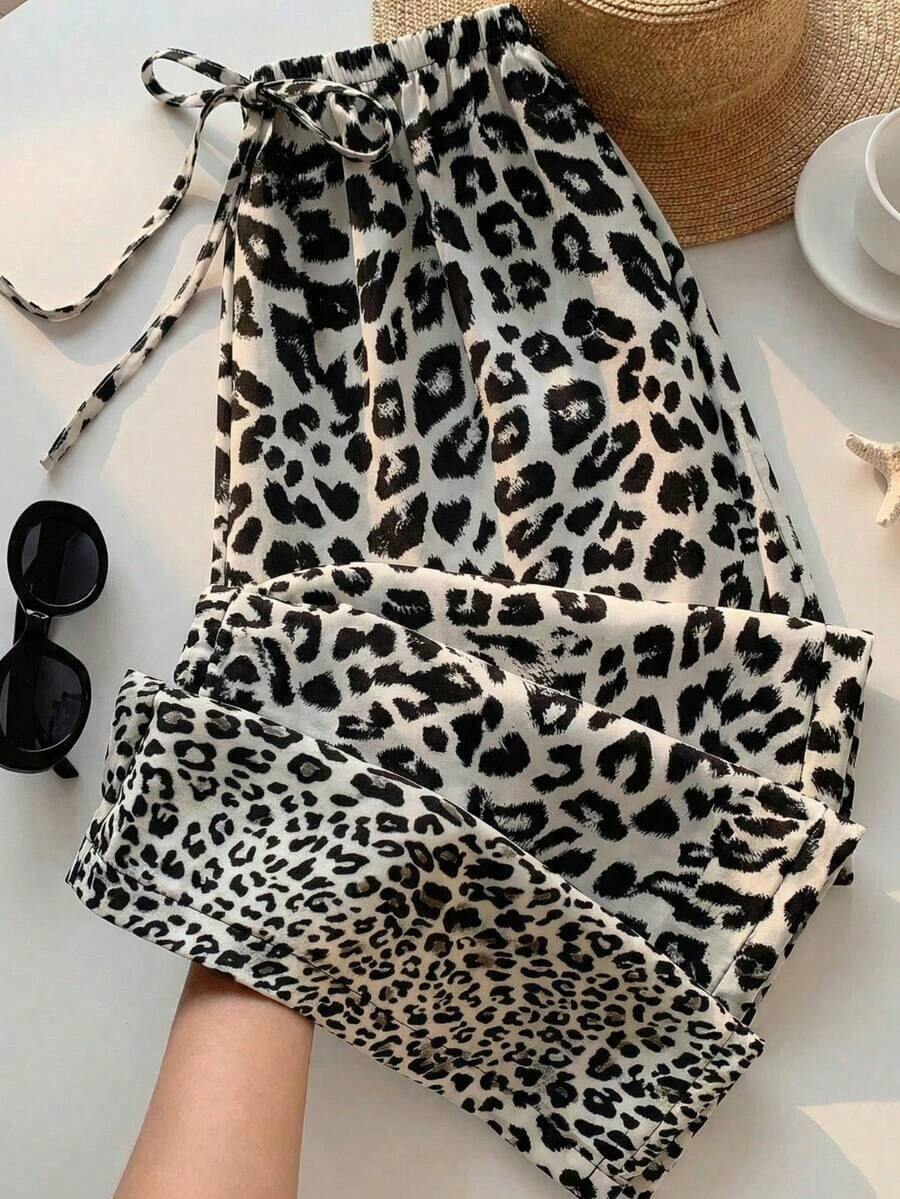 Pantalones Largos Para Mujer Con Estampado De Leopardo Y Cordón De Ajuste - Blanco - Ver 1
