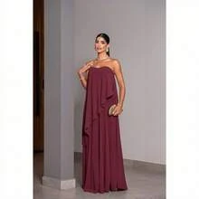 Vestido longo de festa casamento de dia convidada elegante tomara que caia madrinha - Marsala - Visão 4