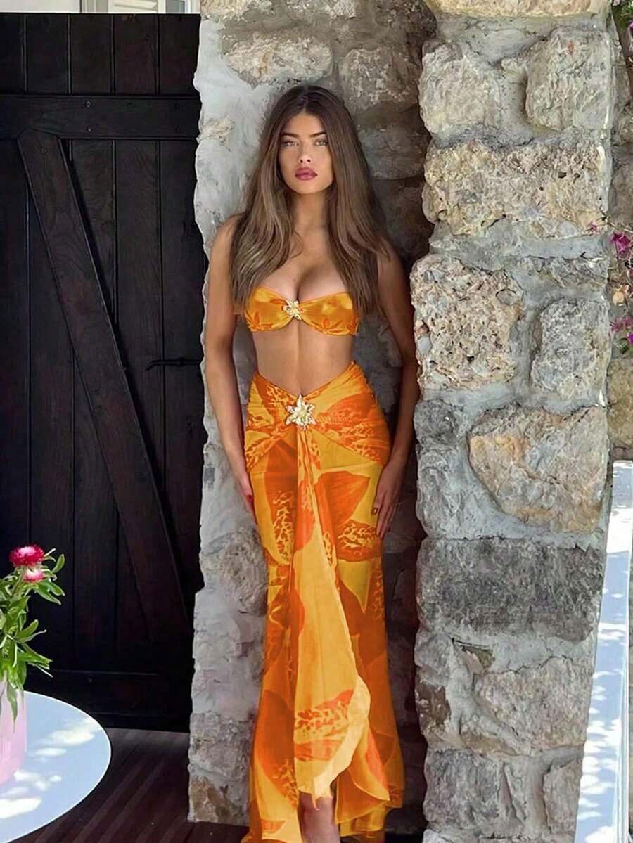 Nuevo Llegada Primavera/Verano Moda Mujer Elegante Casual Sexy Playa Vacaciones Cita Fiesta Conjunto Bikini Estampado Floral Tirantes Finos y Mini Falda - Amarillo - Ver 1