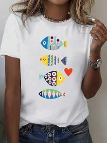 Soft Fabric T-Shirt: 1 Piece Of Plus Size Women's Short-Sleeved Crew Neck T-Shirt, Blue T-Shirt With Fish And Heart Print, Featuring A Smiling Fish Design And Nautical Theme, 100% Breathable, Machine Washable Beachwear, Suitable For All Seasons And Everyday Wear. Fashionable T-Shirt. - 白色 - 查看 7