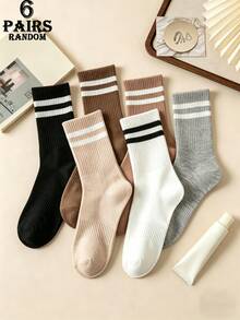 1/6 Pair [Random Delivery] Striped Mid-Calf Socks Unisex, Suitable For All Seasons, Retro College Style Versatile Breathable Comfortable Socks For Daily Commute - Multicolor - View 8