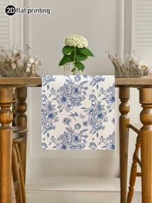 1pc French Toile De Jouy Classic Blue & White Floral Print Table Runner, Microwave Dust Cover, Protective Cover, Available In Multiple Sizes, Suitable For Home Dining, Kitchen Decor, Home Decor, Outdoor Party And Restaurant Decoration, Linen-Like Texture - Multicolor - View 4