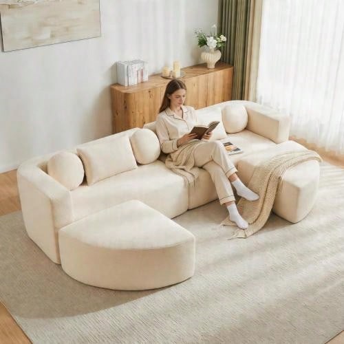 Modular Sofa Bed With Sleeping Function, Fully Compressed Cloud Sofa, Chenille, No Assembly Required, Beige, W292 X D165 X H68 Cm - 米色 - 查看 1