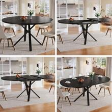 Round Extendable Table With Marble Look - 100 Cm (Extendable To 140 Cm) X 75.5 Cm High - With Sturdy X-Shaped Metal Frame In Black - Ideal As A Kitchen Table Or Breakfast Table - Black - View 1