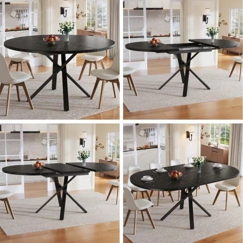 Round Extendable Table With Marble Look - 100 Cm (Extendable To 140 Cm) X 75.5 Cm High - With Sturdy X-Shaped Metal Frame In Black - Ideal As A Kitchen Table Or Breakfast Table - Black - View 1