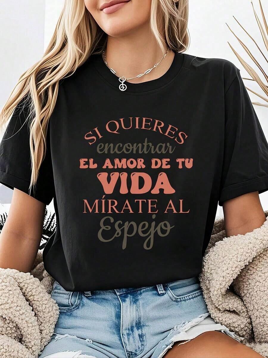 Minimalist Women's T-Shirt With The Spanish Love Quote "Love Yourself First" - Casual Short-Sleeve Blouse With Round Neck And Medium Elasticity - Spring/Summer Casual Garment With Self-Love Message - Machine Washable T-Shirt - Simple Solid Color Women's T-Shirt, Loose Fit, Casual Short-Sleeve - 黑色 - 查看 1