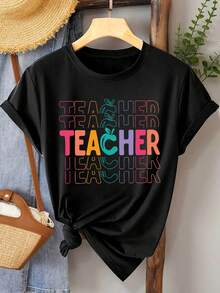 Camiseta de Moda para Mujer de Diseño Simple y Versátil, Camiseta con Estampado y Cuello Redondo, Camiseta Casual de Manga Corta y Cuello Redondo para Mujer, Camiseta de Algodón - Negro - Ver 4
