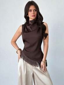 Blusa sin mangas elegante y casual para ir al trabajo, de vacaciones o a la playa, con estilo bohemio.Chaleco de mujer con cuello de satén marrón plisado, bajo asimétrico con flecos, elegante, versátil y apropiado para maestras - Marrón - Ver 1