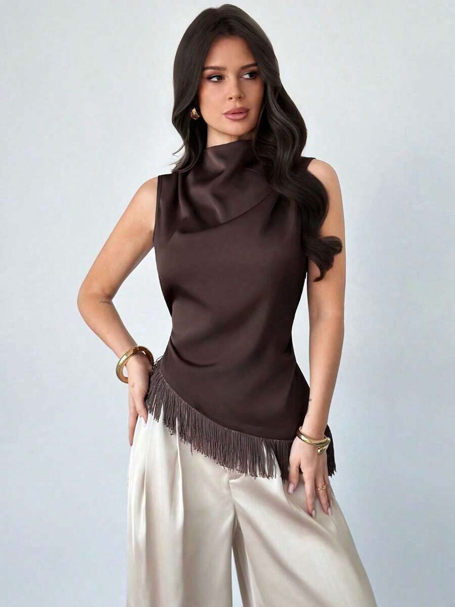 Blusa sin mangas elegante y casual para ir al trabajo, de vacaciones o a la playa, con estilo bohemio.Chaleco de mujer con cuello de satén marrón plisado, bajo asimétrico con flecos, elegante, versátil y apropiado para maestras - Marrón - Ver 1