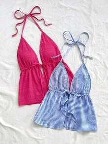 2 piezas Camiseta sin espalda con escote en V y tirantes con estampado de leopardo sexy, adecuada para vacaciones, citas, té de la tarde, vacaciones, festivales de música, estilo bohemio - Rosa Fucsia - Ver 4