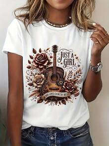 Graphic T-Shirt For Country Music Lovers - A Country Music Floral Print With Guitar, Round Neck And Short Sleeves, Soft And Stretchy For Summer And Spring, Women's Casual Clothing - 白色 - 查看 2