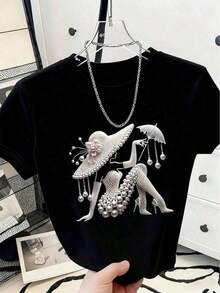Camiseta de manga corta para bebé con estampado de retrato de perlas de imitación vintage, impresión por transferencia de calor plana, estilo millennial, elegante camiseta de moda para mujer con cuello redondo, atuendo exquisito y hermoso, top suave y cómodo, estilo versátil para todas las estaciones. Moda - Negro - Ver 7